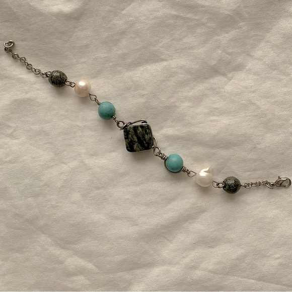 Malachite Turquoise and Pearl Wire Wrapped Silver Bracelet - Picture 2 of 3
